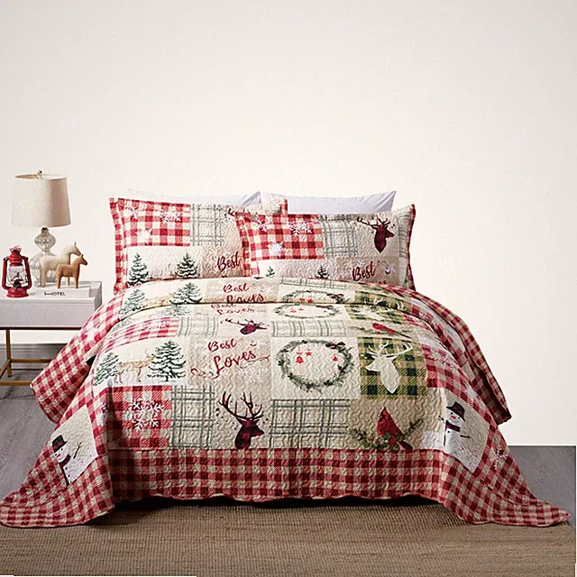 3 Piece Christmas Patchwork Reversible Quilt Bedspread Set Snowman Deer Design