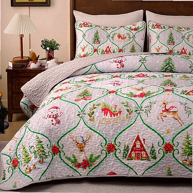 3 Piece Christmas Queen Quilt, Snowman Xmas Tree Reversible Queen Quilt Beddi...