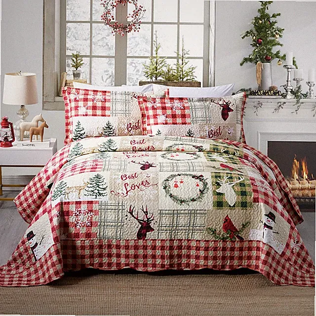 3 Piece Christmas Quilt Rustic Western Lodge Cabin Bedspread Quilt Set Snow Man
