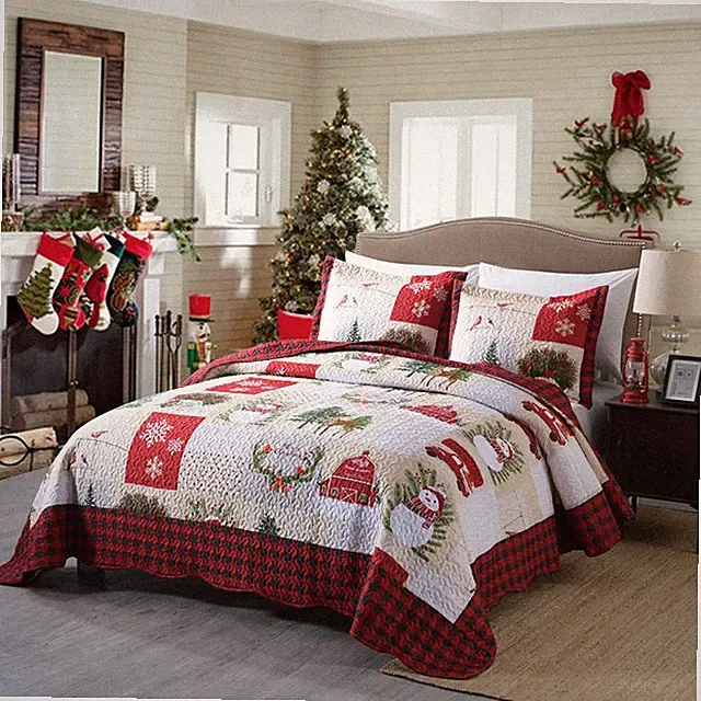 3 Piece Festive Christmas Quilt Set – Cozy Holiday Bedspread with Snowman