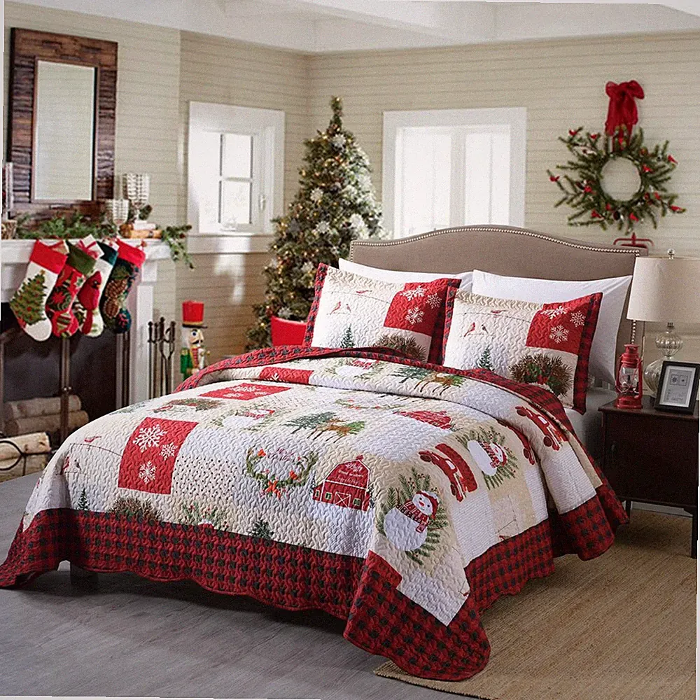 3 Piece Warm Christmas Snowman Reversible Quilt Set with Pillow Shams