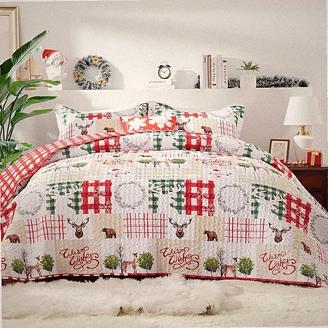 3 Piece Warm Christmas Snowman Reversible Quilt Set with Pillow Shams KING