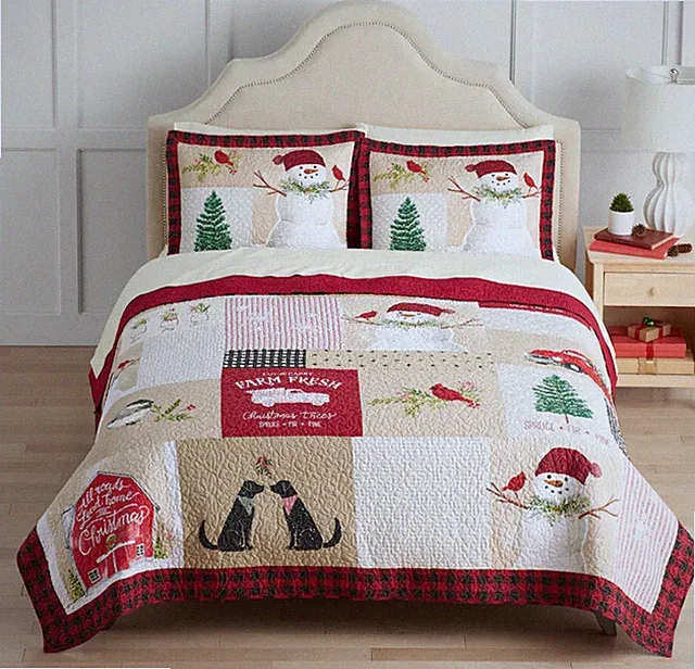 3 Pieces -Nicholas SNOWMAN Patchwork Reversible QUILT + SHAMS - Birds Dogs Trees