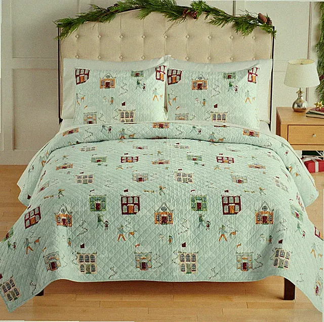 3 Pieces -Nicholas WINTER VILLAGE Reversible QUILT + SHAMS - Ice Skating Snowman
