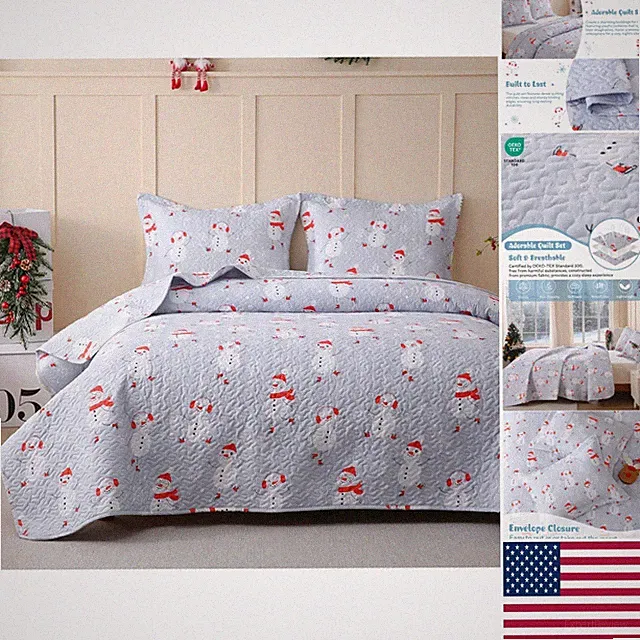 Adorable Blue Snowman Quilt Set for Kids - Full/Queen 3-Pc Microfiber Collection