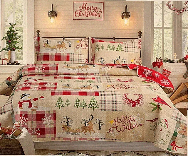 Christmas Bedspread Coverlet King Size Christmas Quilt Elk Snowman Bedding Set L