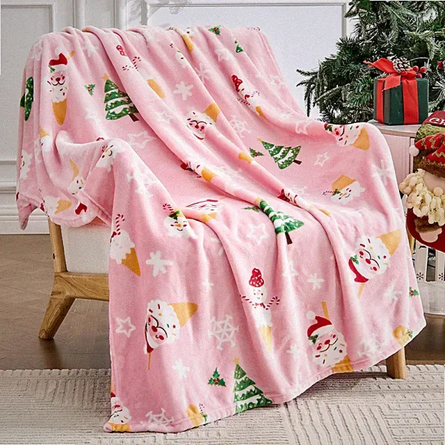 Christmas Blanket Soft Cozy Pink Throws with Snowman Snowflake Santa Claus an...