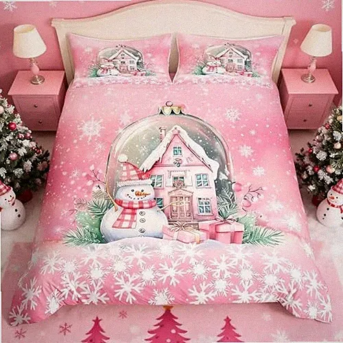 Christmas Duvet Cover Set Size, Pink Castle and Snowman Print Full Xmas 29