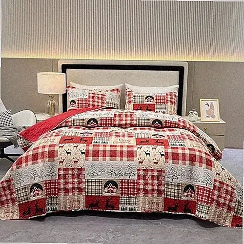 Christmas King Size Quilt Set, Dark Red Xmas Snowman Lightweight Bedspread Cover
