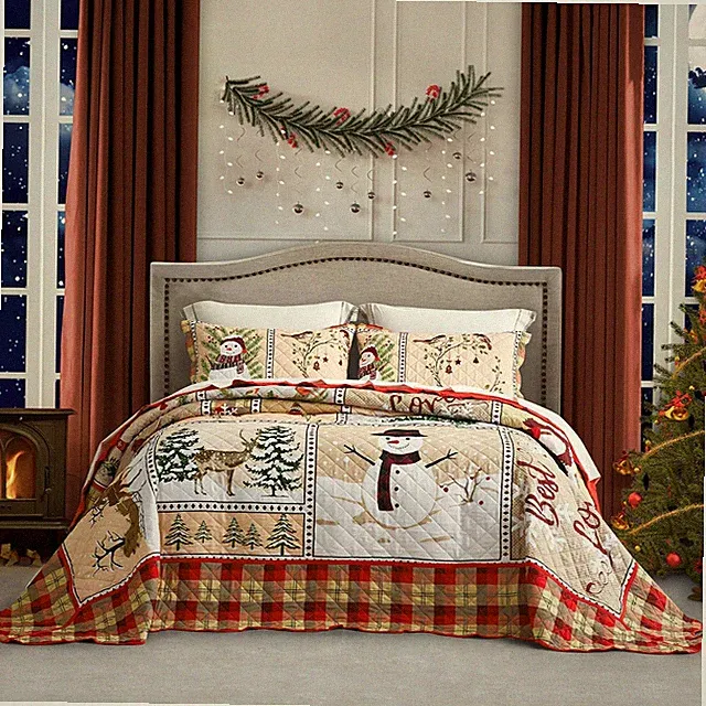 Christmas Oversized Bedspread Queen Size, Winter Snowman Pattern Bedding Quil...
