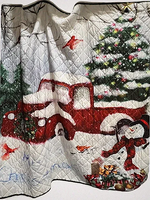 Christmas Queen Size Quilted Bedspread & Pillow Shams Holiday Snowman Bedroom