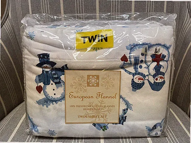 EUROPEAN FLANNEL SNOWMAN TWIN SHEET SET 100% COTTON NIP NEW