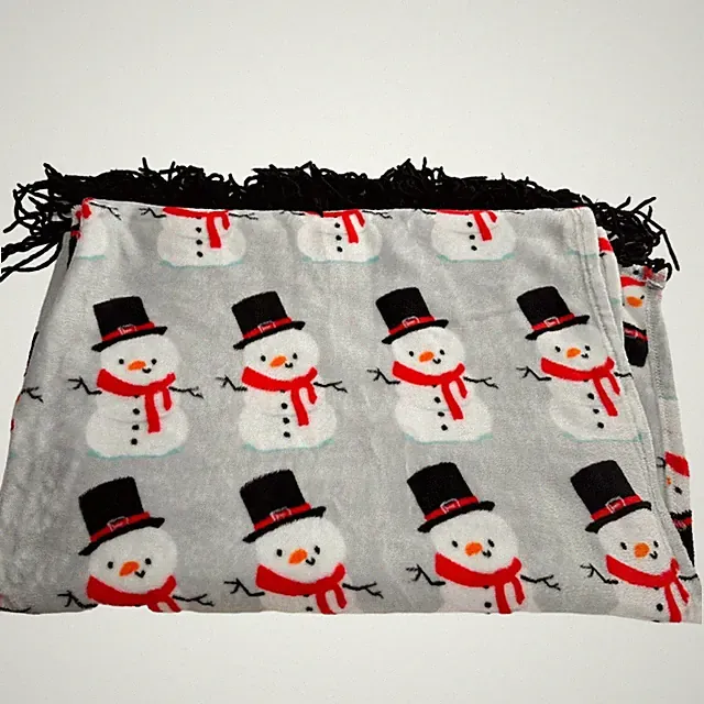 Happy Holidays Crest Mills Snowman Throw Blanket Polyester Black Fringe 66x47