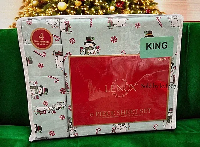Lenox Snowman Peppermint Candy Cane Christmas 6-piece King Bedding Sheet Set New