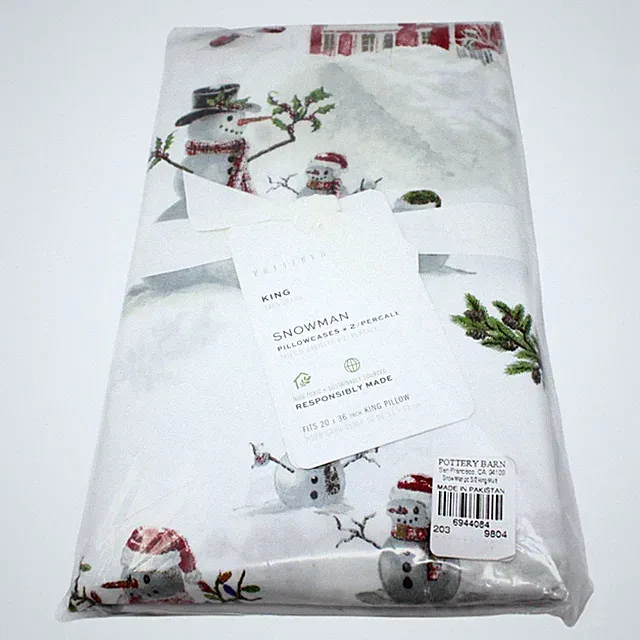 Pottery Barn Snowman Farmhouse Country Winter King Pillowcases NWT