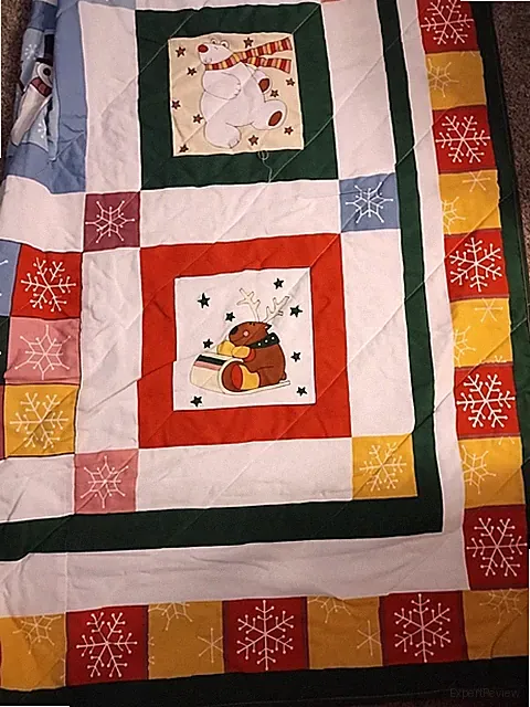 quilt featuring a winter scene with a snowman, reindeer, and penguin Q/F