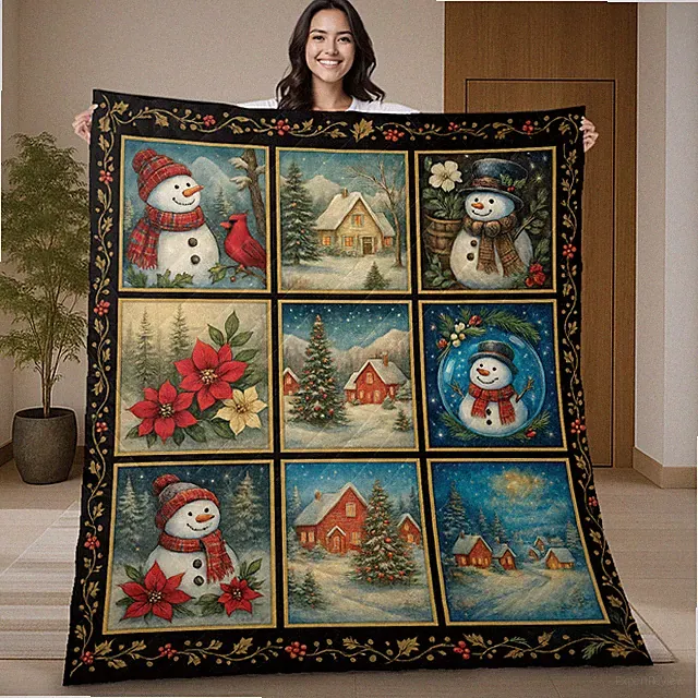 Retro Snowman Patchwork Christmas Snowy Winter Cabin Xmas Quilt Blanket