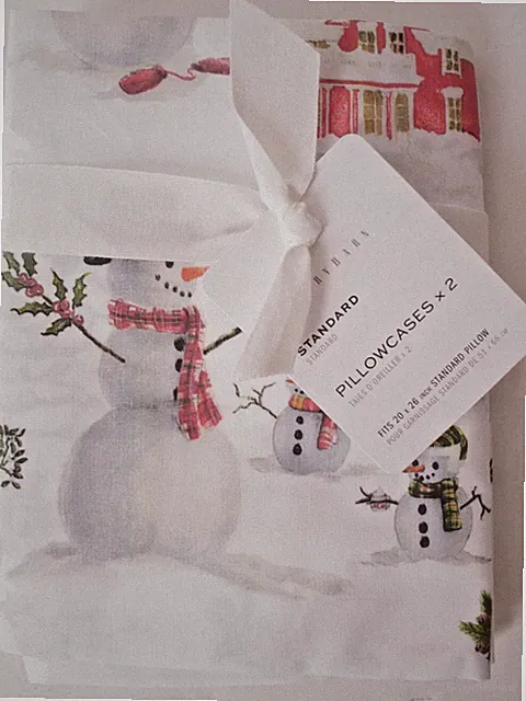 set/2 Pottery Barn Snowman pillowcases, standard, 100% cotton percale