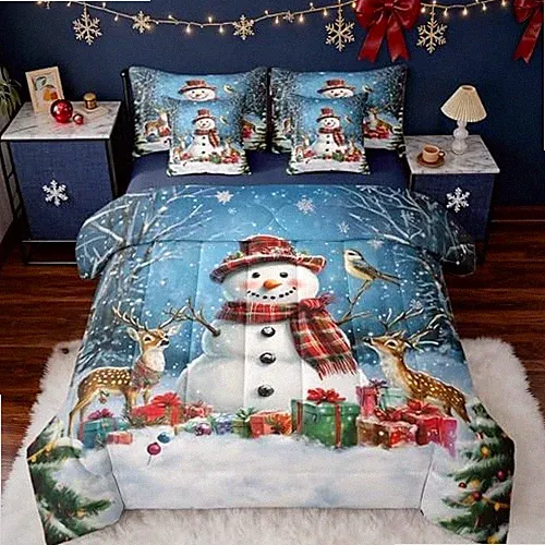 Snowman Comforter Set with Sheets for Kids Boys Girls Christmas Full Blue