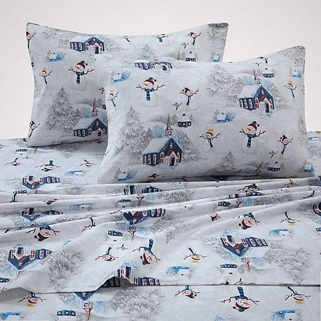 Snowman Printed Flannel 170-GSM Printed DP Sheet Set QUEEN Navy Red