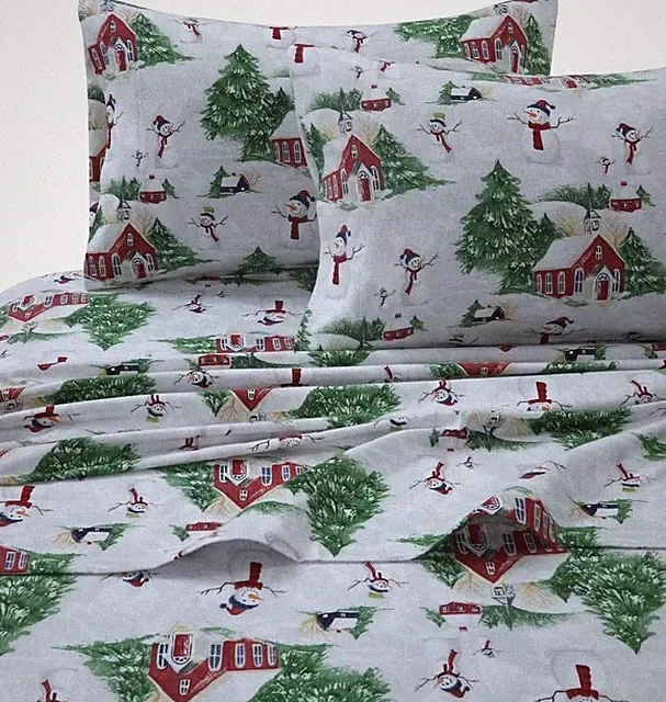 Snowman Printed Flannel 170-GSM Printed DP Sheet Set QUEEN Red Green
