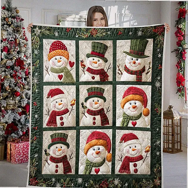 Snowman Quilt Blanket, Festive Christmas Throw, Quilted Holiday Gift for Family