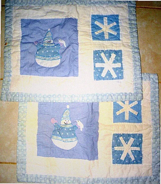 TWO Large Quilted PILLOW SHAMS Snowmen and Snowflakes WHITE and BLUE