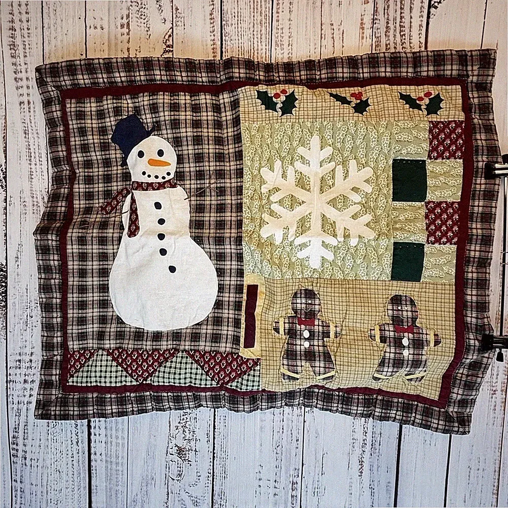 Vtg 2 Christmas Pillow Shams Cotton 20 x 24" Snowman Farmhouse Patchwork Plaid