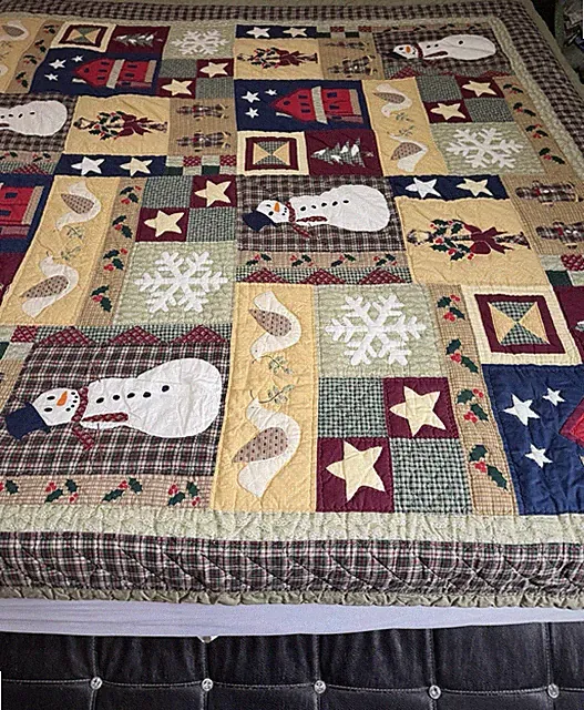 VTG Quilt Christmas Snowman Gingerbread House -80x80” Patchwork