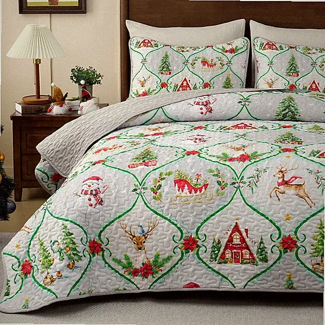 Yinhua 3 Piece Christmas Queen Quilt, Snowman Xmas (90'' x 90''), Grey